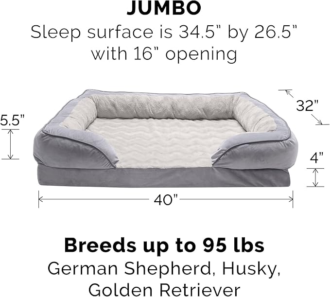 Furhaven Orthopedic Dog Bed for Large Dogs w/ Removable Bolsters & Washable Cover, For Dogs Up to 95 lbs - Plush & Velvet Waves Perfect Comfort Sofa - Granite Gray, Jumbo/XL