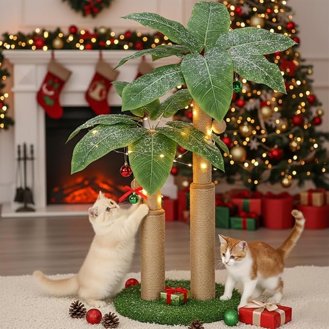 29.7inch Cat Scratching Post,Cat Scratcher Cat Tree with 2 Sisal Scratching Poles & 2 Interactive Dangling Balls,Cats Scratching Posts for Indoor Kitten & Adult Cats (2 Posts Banana Tree)