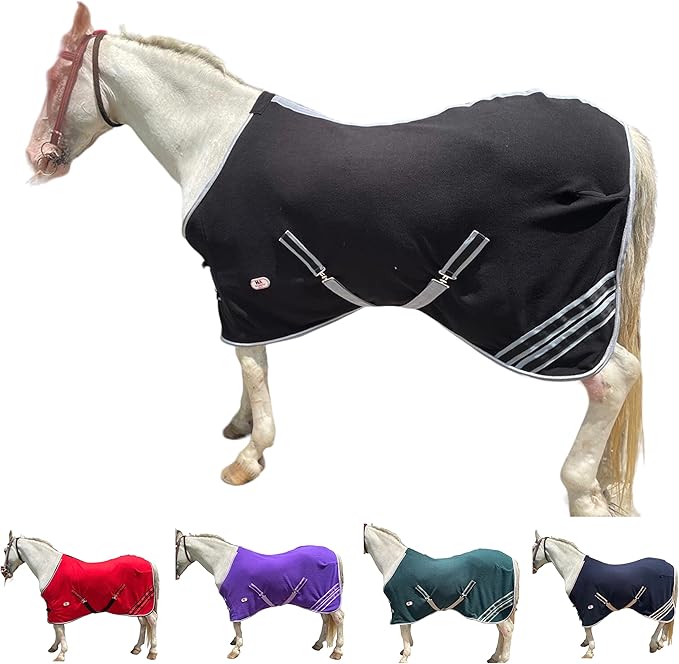 Majestic Ally Anti Pill Fleece Horse Blanket/Sheet with Silver Braided Rope (Black, 74)