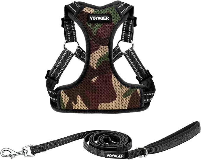 Best Pet Supplies Voyager Mesh Dog Breathable Harness Reflective Stitching, All Weather Adjustable for Walking Training, or Running - Heavy Duty & Durable, Harness Leash Set (Army Base), L
