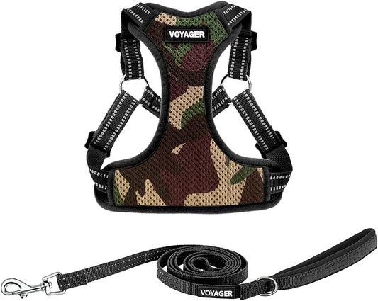 Best Pet Supplies Voyager Mesh Dog Breathable Harness Reflective Stitching, All Weather Adjustable for Walking Training, or Running - Heavy Duty & Durable, Harness Leash Set (Army Base), L