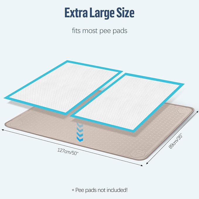 Pee Pad Holder for Dogs, 50" x 35" Silicone Pee Tray Mat Leak-Proof, High Edge, No Spill Pet Pad Holder for Puppy, Cat, Rabbit, Training Pads for Floor Protection, No Pee Pads (Khaki)