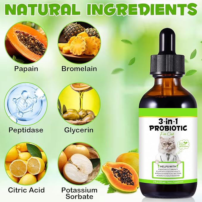 Probiotic for Cats, Natural 3 in 1 Cat Probiotic Drops Helps to Relieve Diarrhea, 60ml for Cats of All Ages, Supports Gut Health, with Digestive Enzymes & Prebiotics Liquid Supplement