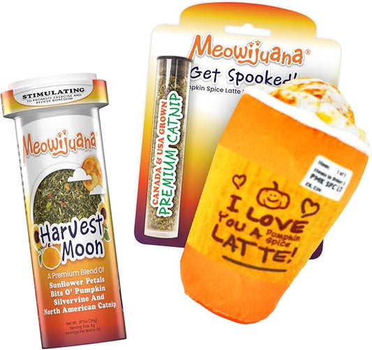 Meowijuana Get Spooked Bundle | Pumpkin Spice Latte Refillable Toy and Harvest Moon Blend | Promotes Play and Cat Health | Includes North American Organic Catnip