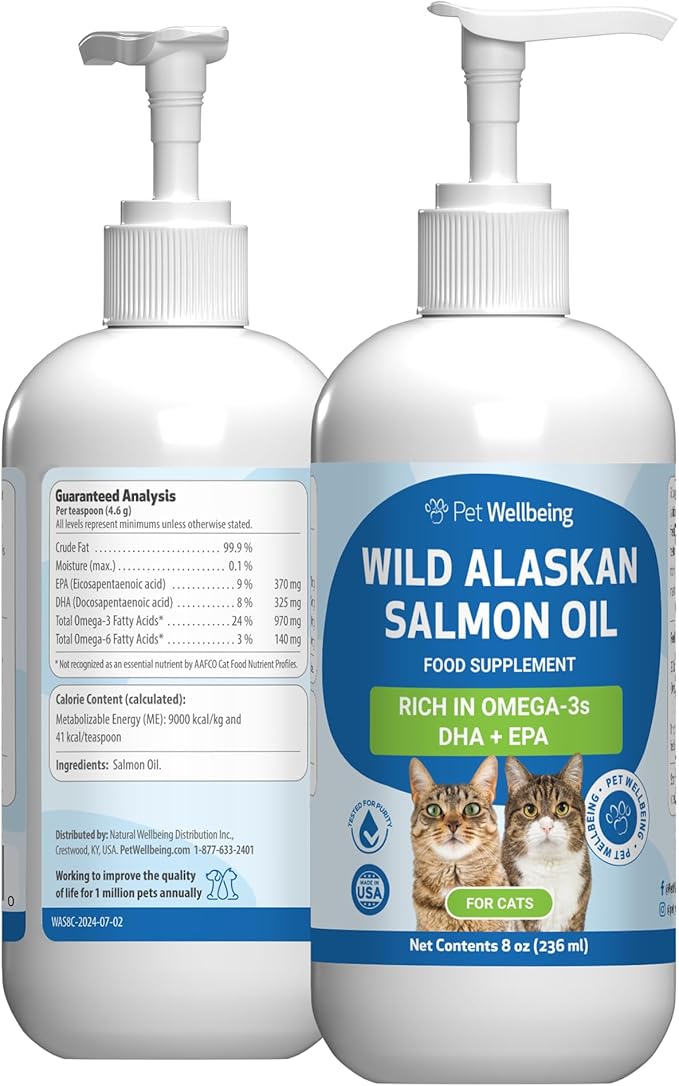 Pet Wellbeing Wild Alaskan Salmon Oil Cats - Omega-3 EPA & DHA Skin, Coat, Joint & Heart Health - NASC Certified & Vet-Formulated - 8oz Pump Bottle