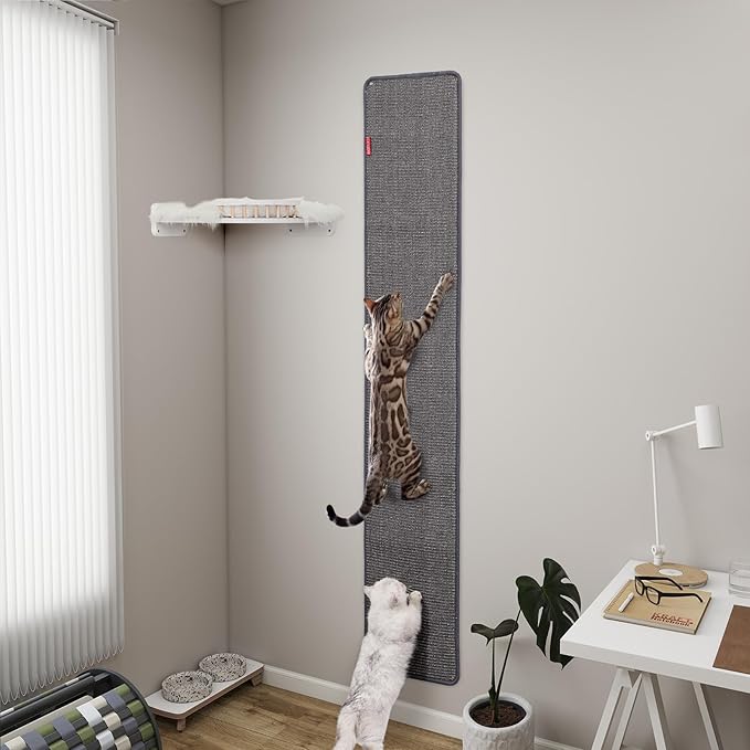 66.93x13.38x0.32 inch Thickened Cat Wall Scratcher Carpet, Cat Climbing Wall, Durable Cat Wall Furniture, Tall Cat Scratching Post, Wall Scratchers for Indoor Cats Sofa Protector (Grey-Velcro Strap)