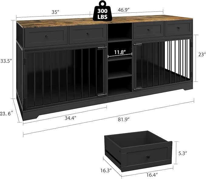 82??Double Dog Crate Furniture, Large Dog Kennel Indoor for 2 Dogs, Heavy Duty Wooden Dog Crate TV Stand with 4 Drawers and Shelves, Black