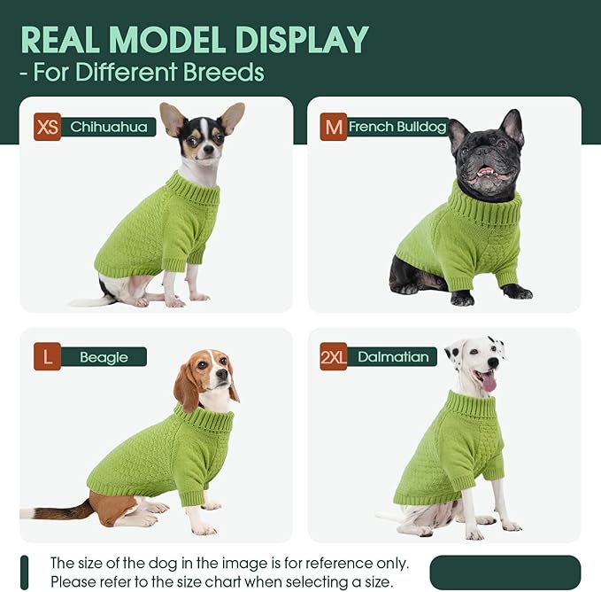 Kuoser Dog Sweater, Warm Winter Fall Turtleneck Knit for Large Dogs, Half Sleeves Dog Christmas Sweater for Girls Boys, Thick Thermal Pet Sweaters Cold Weather Pullover Clothes, Green XL