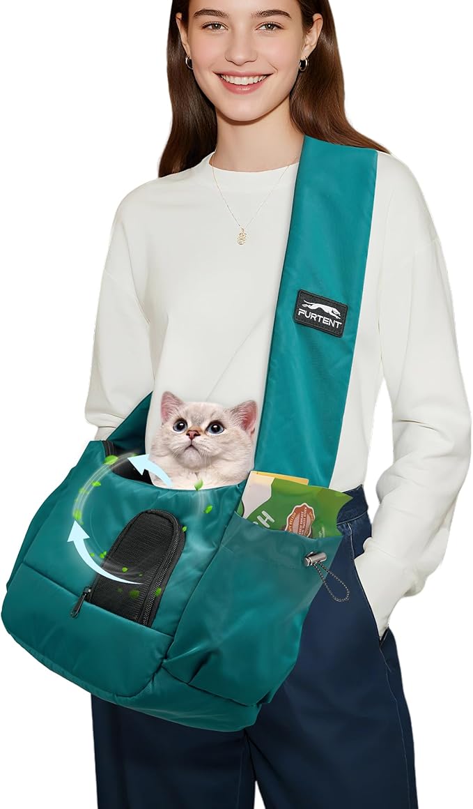 Cat Sling, Hands-Free Cat Carrier Pouch up to 7 lb, Cat Sling with Safety Strap and Pockets, Ideal for Travel and Daily Use, Peacock Blue