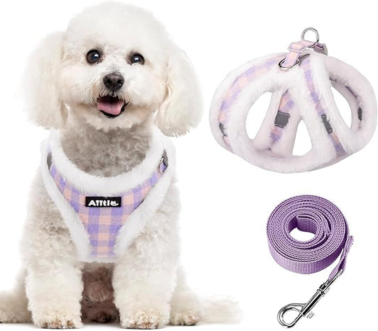 AIITLE Step in Dog Harness and Leash Set - Warm and Cozy Basic Plaid Dog Vest Harness with Magic Tape Design, Reflective Pet Harness for Outdoor Walking, Training for Small Dogs, Cats Purple XXS