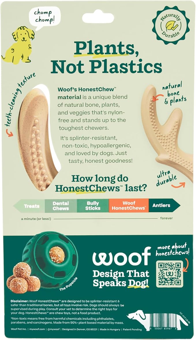 WOOF HonestChew Dog Toy Antler - Durable Dog Chews - Made with Natural, Plant-Based Ingredients - Splinter-Resistant - Great for German Shepherds and Pit Bulls - Large