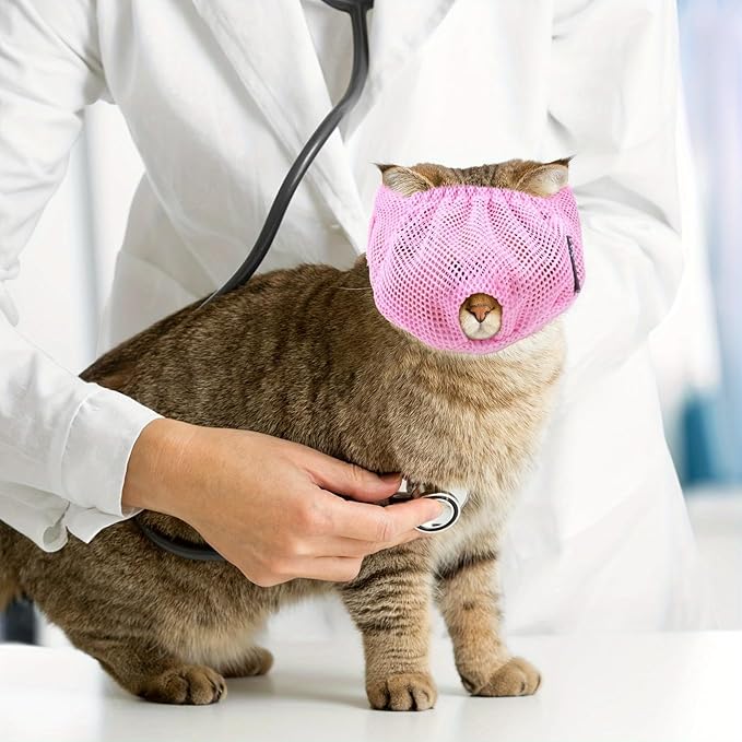 Anti-Bite Cat Mask, Soft, Secure Closure, Machine Washable - for Grooming, Vet Visits, Bath Time, Prevents Biting During Nail Trimming, Cleaning (Blue,Pink,Gray, 3-Piece Set)