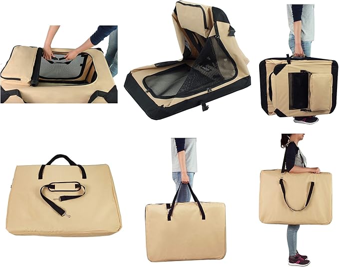 EliteField 3-Door Folding Soft Dog Crate with Carrying Bag and Fleece Bed (2 Year Warranty), Indoor & Outdoor Pet Home (36" L x 24" W x 28" H, Beige)