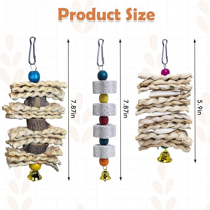 PINVNBY 3 Pack Parrot Toys Chewing Bird Toy Cuttlebone Beak Grinding Stone Cage Hanging Toys with Bell for African Greys Amazon Conure Eclectus Budgies Parakeet Cockatiel Hamster Chinchilla