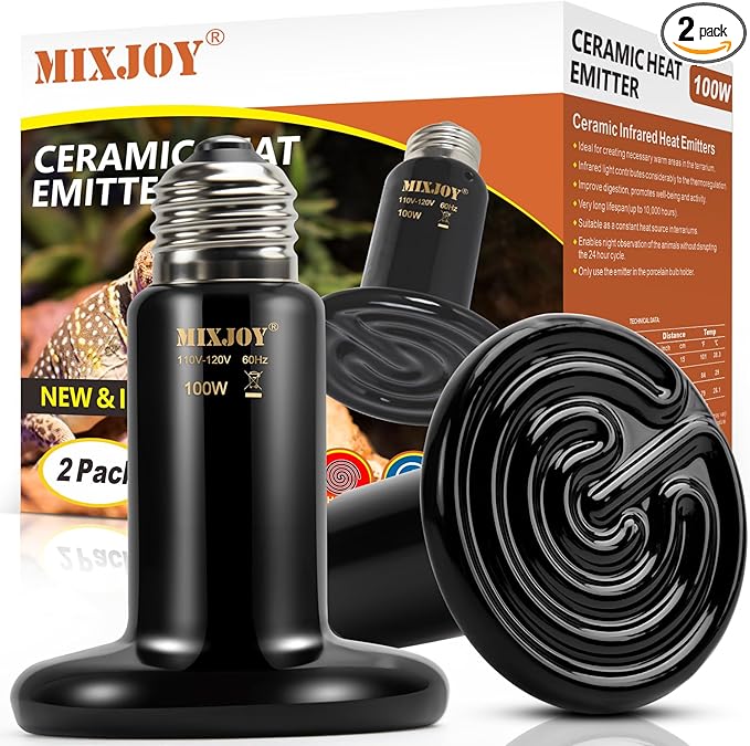 MIXJOY 100W Reptile Heat Lamp 2Pack Ceramic Heat Emitters Reptile Heat Lamp Bulbs, No Light Emitting Ceramic Heat Bulbs for Amphibian Terrarium Gecko Lizard Bearded Dragon Turtle Chicken Snake
