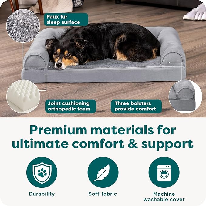 Furhaven Orthopedic Dog Bed for Large/Medium Dogs w/ Removable Bolsters & Washable Cover, For Dogs Up to 55 lbs - Plush & Suede Sofa - Gray, Large