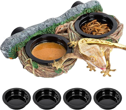 REPTI ZOO Magnetic Reptile Feeder Ledge, Gecko Feeder with 4 Cups, Hollow Vine Food Dish, Water Bowl for Lizard & Snake, Terrarium Accessories