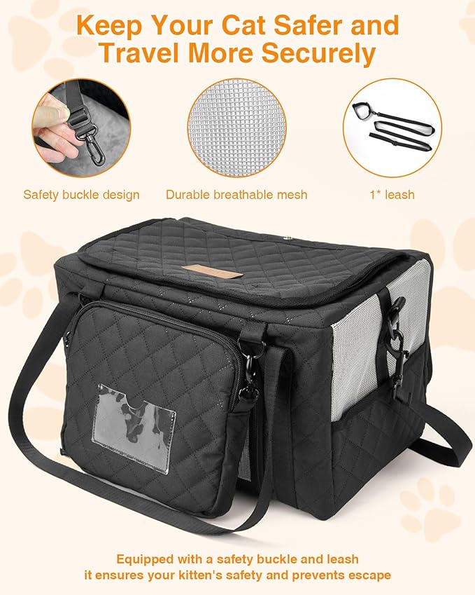 PETUX Collapsible Airline Approved Cat Carrier - 16" x 10" x 9.5", Double Anti-Escape, Small Pet Travel Bag for Small Cats Under 10 lb with Removable Snack Bag, Safety Buckle ＆ Leash - Black