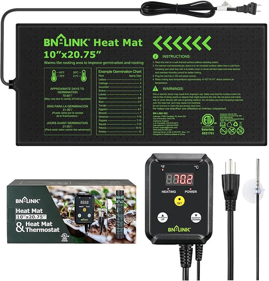 BN-LINK Seedling Heat Mat with Thermostat Controller Combo Set, 10" x 20.75" Plant Heating Mat for Seed Starting with Temperature Control for Indoor Growing, Plants Germination