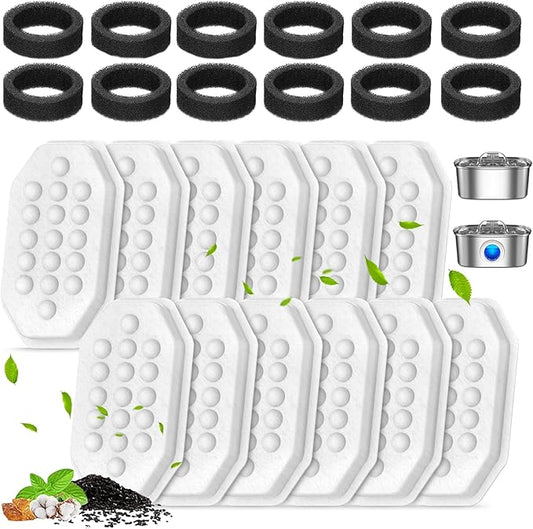 Cat Water Fountain Filters Pre-Filter Sponges for 3.2L/108oz Automatic Pet Fountain Dog Water Fountain (12 Filters& 12 Sponges)
