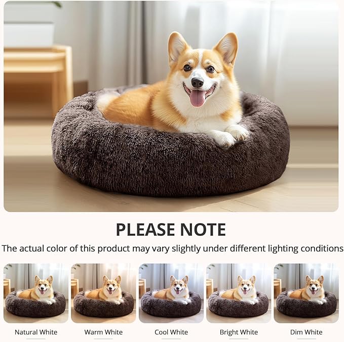 JOLLYVOGUE Calming Dog & Cat Bed for Large Dogs, Anti-Anxiety Donut Cuddler Cozy Soft Round Bed with Anti-Slip Bottom, Fluffy Faux Fur Plush Cushion Beds for Medium Dogs (36")