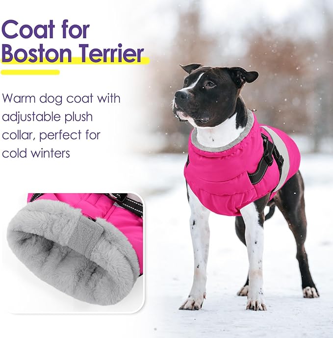 SUNFURA Small Dog Coat with Harness Built in, Warm Dog Jacket Winter with Zipper On Back, Waterproof Pet Snow Jacket Snowsuit Pet Sweater Clothes for Schnauzer, Yorkshire Terrier, Hot Pink S