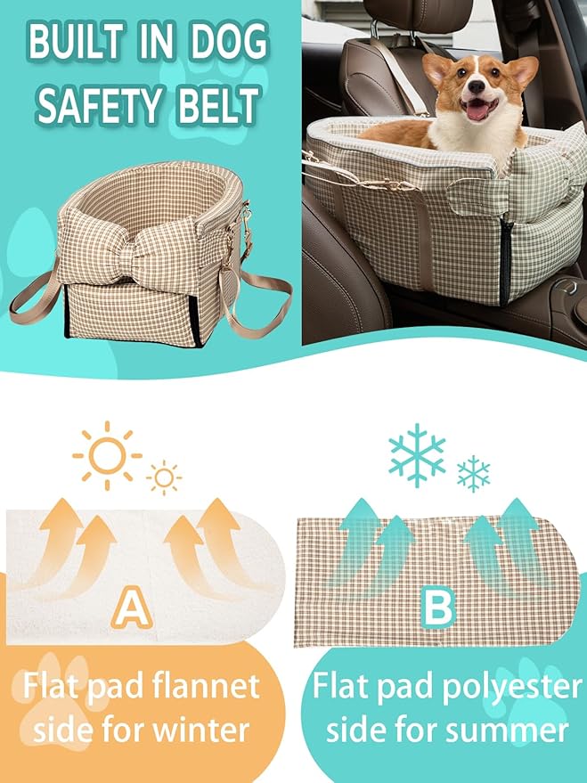 Dog Car Seat for Small Dogs,Center Console Seat for Puppy,Anti-Collapse Pet Car Seat with Soft Cushion Safety Belt, Portable Car Armrest Seat for Dog & Cat Under 15 lbs (Grid-Brown)