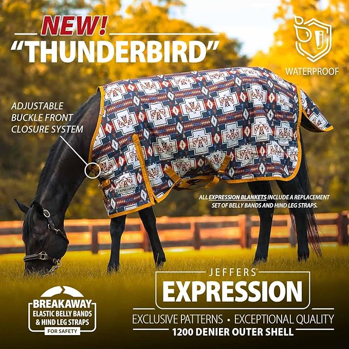Jeffers Expression 1200 Denier Standard Neck Turnout Blanket for Horses, 75"- Water Proof, Breathable, 240 gram Polyfill for Medium Weight Warmth, Winter Protection for Stall, Barn – Thunderbird