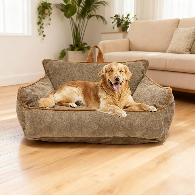 Large Orthopedic Dog Sofa Bed with Sides, Carry Handle & Side Pockets .Plush Chenille Orthopedic Pet Bed Couch for Large Dogs.Portable Snuggler for Indoor Use, Travel & Recovery(Brown)