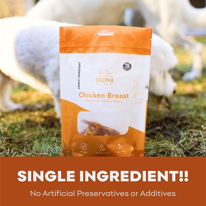 Skona PetFood Chicken Breast Jerky Dog Treats & Cat Jerky Treats, High Protein, Single-Ingredient Training Snacks, Vitamin-Rich, USA Made, Supports Heart, Eye & Dental Health, Healthy & Tasty, 4oz