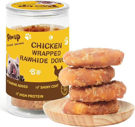 PAWUP Dog Treat Chicken Wrapped Rawhide (4pcs) for Large Dogs, Long Lasting Dog Treat Ring w/Taurine for Aggressive Chewer, 12.5oz