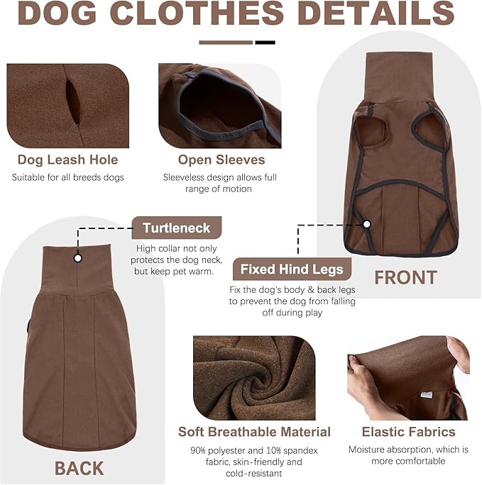 ROZKITCH Dog Fleece Sweater, Pet Windproof Warm Cold Weather Jacket Vest Cozy Jumpsuit Apparel Outfit Clothes for Walking Hiking Travel Sleep Brown L