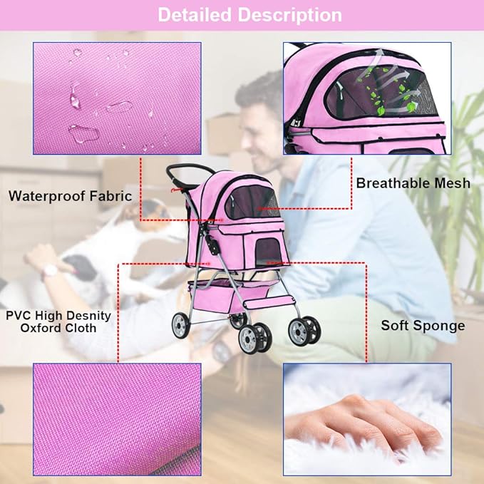 BestPet 4 Wheels Pet Stroller Cat Dog Cage Stroller Travel Folding Carrier 04T