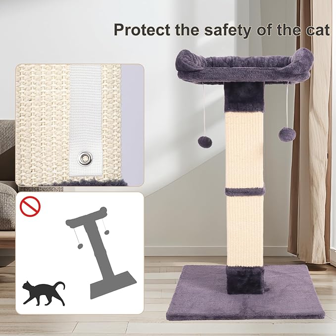 34" Cat Scratching Post for Indoor Cats, Sisal Cat Scratcher with Plush Perch and with Two Dangling Balls, Large Scratch Post with Bed, Removable Cover, Sisal Fabric