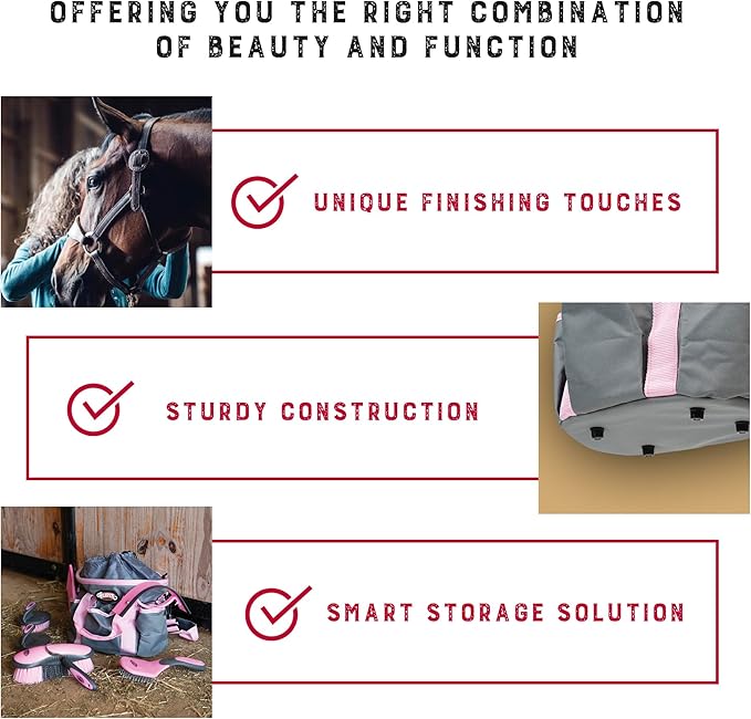 Weaver Leather Horse Grooming Kit, 7-piece Brush Set with Organizer Tote Bag, Equine Care, Horse Tack Room Equipment, Grooming Supplies, Gray/Pink