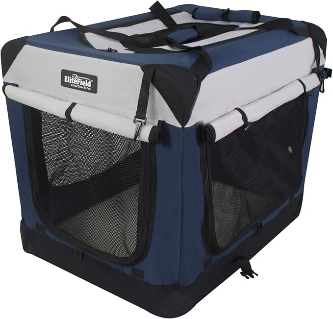 EliteField 4-Door Folding Soft Dog Crate with Curtains, Carrying Bag and Fleece Bed (2 Year Warranty), Indoor & Outdoor Pet Home (24" L x 18" W x 21" H, Navy Blue+Gray)