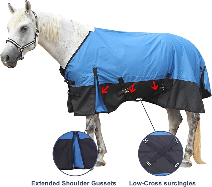 600 Denier Rip-Stop Horse Rain Sheet Lightweight Waterproof and Breathable Turnout Horse Blanket (No Fill) RoyalBlue/Black 81