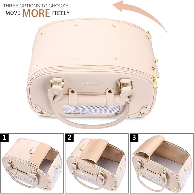 PetsHome Dog Carrier Purse, Pet Carrier, Cat Carrier, Foldable Waterproof Premium Leather Pet Travel Portable Bag Carrier for Cat and Small Dog Home & Outdoor Beige