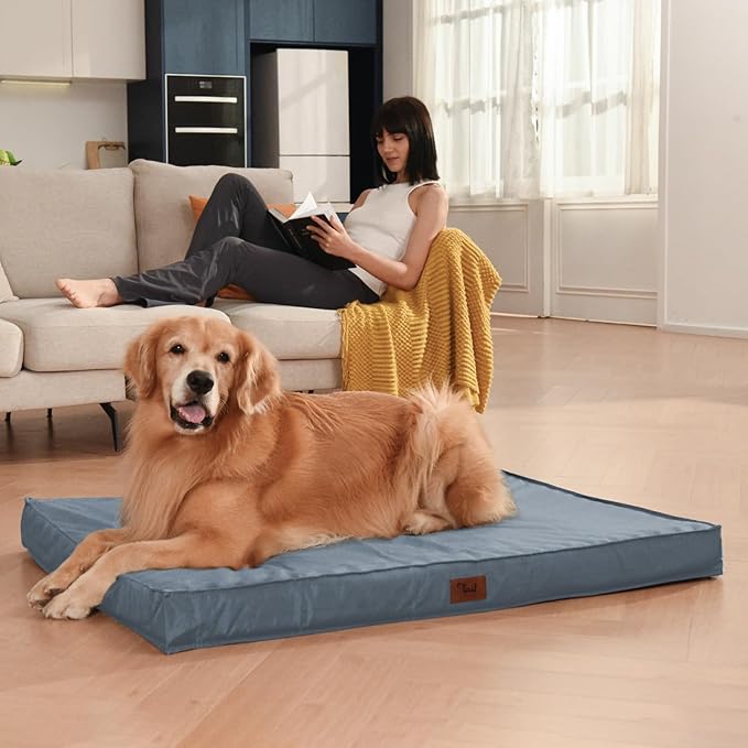 Outdoor Extra Large Dog Bed, Jumbo Waterproof Dog Bed for Large Dogs, Orthopedic Egg Crate Foam Pet Mat with Removable Oxford Cooling Cover, Blue