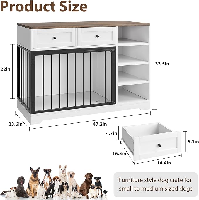 Dog Crate Furniture 47?? Large Dog Crate TV Stand with 2 Drawers and 4 Shelves, Wooden Dog Kennel Indoor, Decorative Dog Cage with Storage for Large Dogs, White