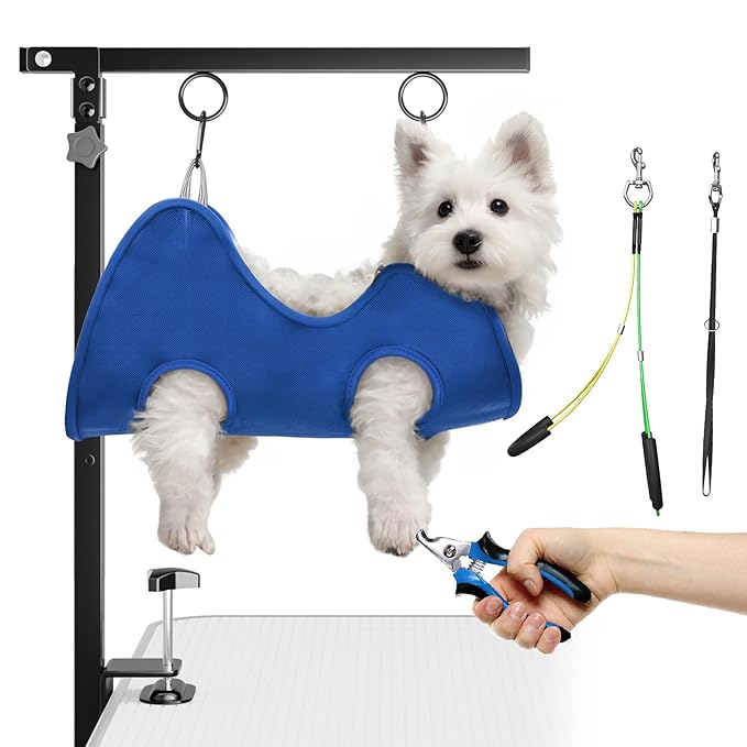 Foldable Dog Grooming Arm with Clamp: Adjustable Height 26"-40", Dog Grooming Table Arm with Hammock and No-Sit Holder, Grooming Restraint for Small Medium Dogs at Home or Salon