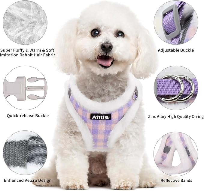 AIITLE Step in Dog Harness and Leash Set - Warm and Cozy Basic Plaid Dog Vest Harness with Magic Tape Design, Reflective Pet Harness for Outdoor Walking, Training for Small Dogs, Cats Purple XXS