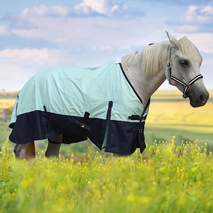 600 Denier Rip-Stop Horse Rain Sheet Lightweight Waterproof and Breathable Turnout Horse Blanket (No Fill) Turquoise/Navy 75