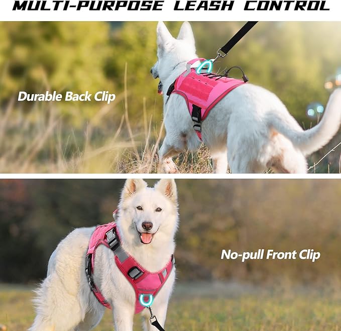 WINGOIN Pink Tactical Dog Harness for Large Dogs, Heavy Duty No Pull Dog Harness with Handle, Adjustable Reflective Military K9 German Shepherd Big Size Dog Vest for Walking, Training, Hunting (L)