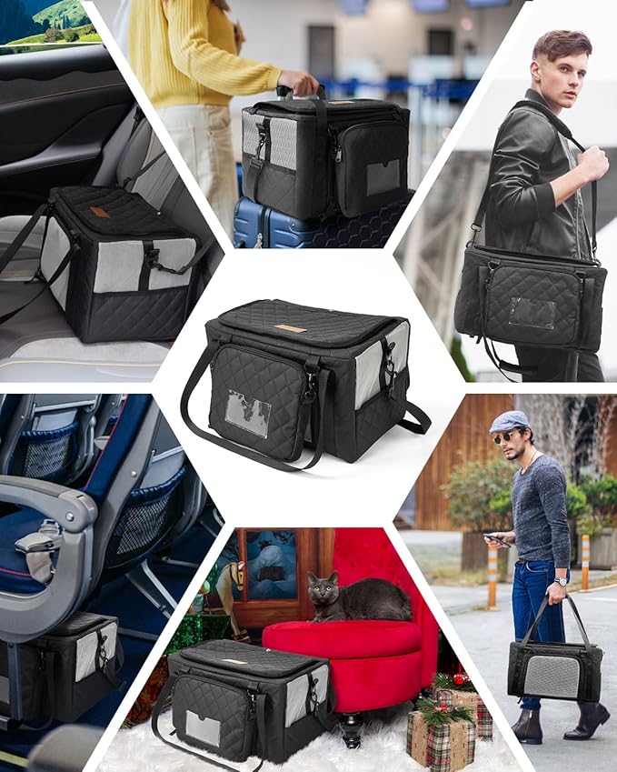 PETUX Collapsible Airline Approved Cat Carrier - 16" x 10" x 9.5", Double Anti-Escape, Small Pet Travel Bag for Small Cats Under 10 lb with Removable Snack Bag, Safety Buckle ＆ Leash - Black