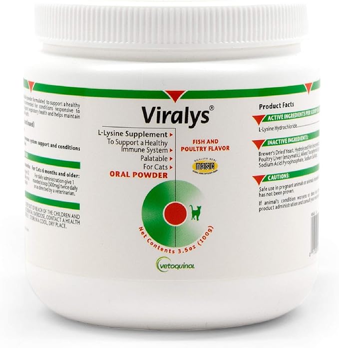 Vetoquinol Viralys Daily L-Lysine Powder for Cats and Kittens, Fish Flavored Lysine Supplement for Cats and Kittens to Support Immune Health, Normal Eye Function and Respiratory Health, 100gm