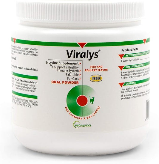 Vetoquinol Viralys Daily L-Lysine Powder for Cats and Kittens, Fish Flavored Lysine Supplement for Cats and Kittens to Support Immune Health, Normal Eye Function and Respiratory Health, 100gm