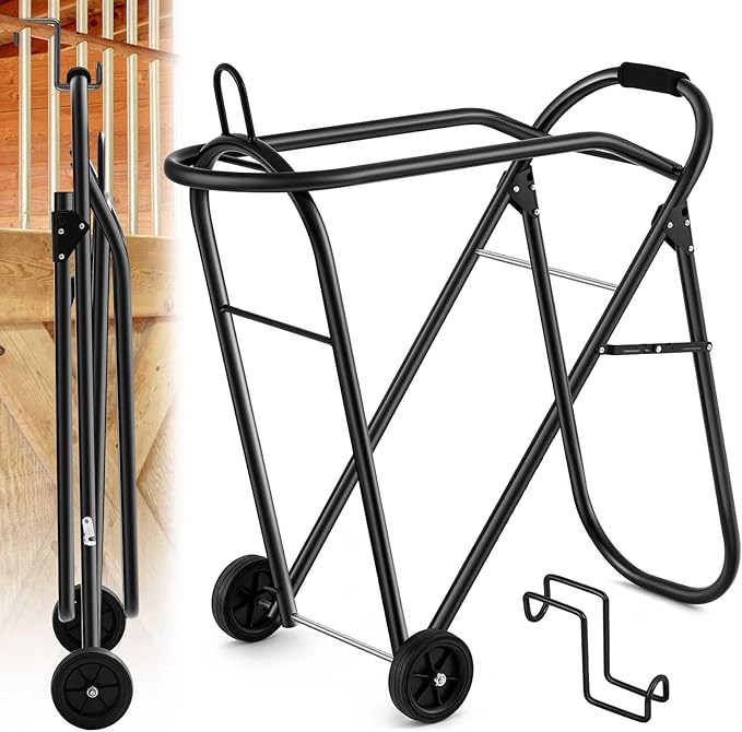 Horse Saddle Tack Cart with Wheels, Rolling Iron Heavy Duty Saddle Wheeler with Hooks Foldable Horse Equipments Stable Storage Tool for Moving Transport Essential Organizer Supplies