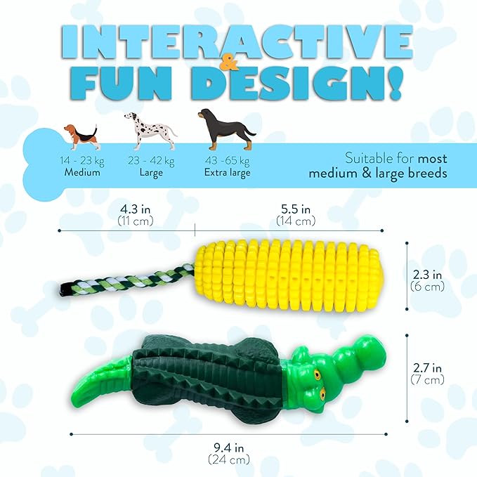 Dog Chew Toys for Aggressive Chewers 2 Pack, Cartoon Alligator and Corn-Shaped Squeak Interactive Dog Toys, Heavy Duty Rubber Chew Toy, Durable Dog Toys for Medium and Large Dog Breeds.