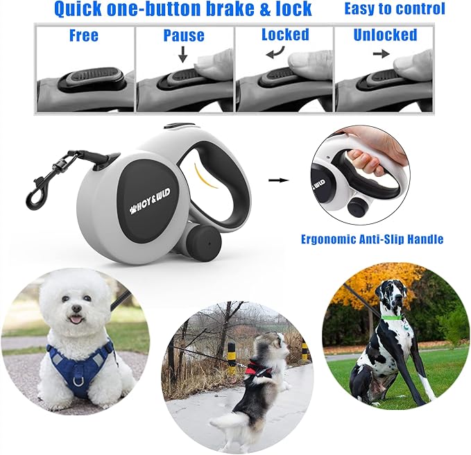 HCY&WLD Upgrade 3-in-1 Retractable Dog Leash with Integrated Dispenser & Poop Bags, 16 ft Heavy Duty Dog Leash with Anti-Slip Handle for Dogs up to 110 lbs, 360° Tangle-Free, One Button Brake & Lock